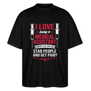 Arzthelferin MFA - Stanley/Stella Oversized Unisex Bio T-Shirt Blaster 2.0 - Schwarz - Vorne - Alina (178cm) & Michal (187cm)