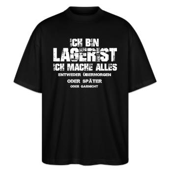 LAGERIST mache alles - Stanley/Stella Oversized Unisex Bio T-Shirt Blaster 2.0 - Schwarz - Vorne - Alina (178cm) & Michal (187cm)