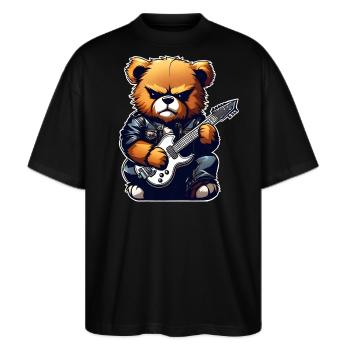 Heavy Metal Teddy Bär mit E-Gitarre - Stanley/Stella Oversized Unisex Bio T-Shirt Blaster 2.0 - Schwarz - Vorne - Alina (178cm) & Michal (187cm)