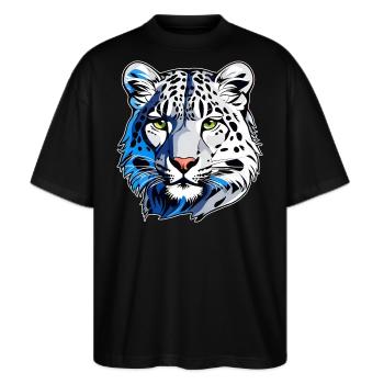Mystisches Motiv geheimnisvoller Schneeleopard - Stanley/Stella Oversized Unisex Bio T-Shirt Blaster 2.0 - Schwarz - Vorne - Alina (178cm) & Michal (187cm)