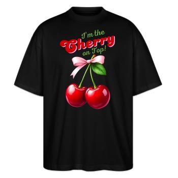 I'm the Cherry on Top - Kirschen mit rosa Schleife - Stanley/Stella Oversized Unisex Bio T-Shirt Blaster 2.0 - Schwarz - Vorne - Alina (178cm) & Michal (187cm)