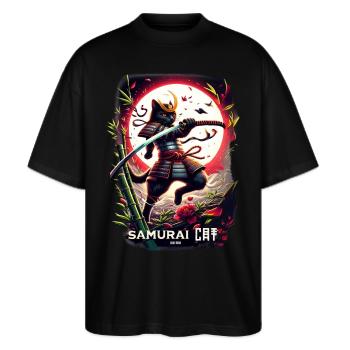 Samurai-Katze Japanischer Krieger - Stanley/Stella Oversized Unisex Bio T-Shirt Blaster 2.0 - Schwarz - Vorne - Alina (178cm) & Michal (187cm)