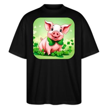Niedliches Glücks Schwein mit Kleeblätter - Stanley/Stella Oversized Unisex Bio T-Shirt Blaster 2.0 - Schwarz - Vorne - Alina (178cm) & Michal (187cm)