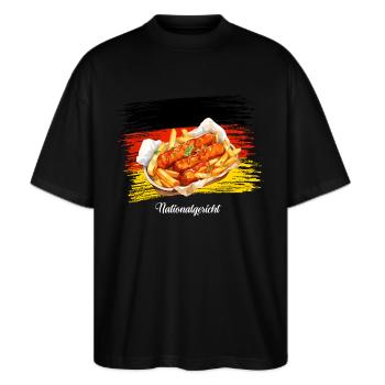 Currywurst Pommes Ketchup Mayo Deutsches Essen - Stanley/Stella Oversized Unisex Bio T-Shirt Blaster 2.0 - Schwarz - Vorne - Alina (178cm) & Michal (187cm)