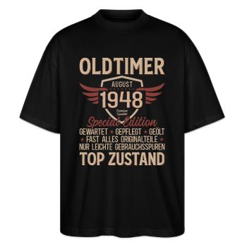 77. Geburtstag Oldtimer August Jahrgang 1948 - Stanley/Stella Oversized Unisex Bio T-Shirt Blaster 2.0 - Schwarz - Vorne - Alina (178cm) & Michal (187cm)