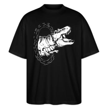Dino DINOSAURIER GESCHENK T-REX JURASSIC DINOSAUR - Stanley/Stella Oversized Unisex Bio T-Shirt Blaster 2.0 - Schwarz - Vorne - Alina (178cm) & Michal (187cm)