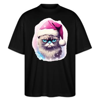 Katze Mit Weihnachtsmütze Weihnachten Outfit - Stanley/Stella Oversized Unisex Bio T-Shirt Blaster 2.0 - Schwarz - Vorne - Alina (178cm) & Michal (187cm)