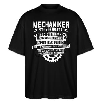 KFZ-Mechatroniker Mechaniker Stundensatz - Stanley/Stella Oversized Unisex Bio T-Shirt Blaster 2.0 - Schwarz - Vorne - Alina (178cm) & Michal (187cm)