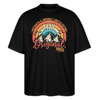 Mai 1955 Mai Geburtstag 1955 Mai Original - Stanley/Stella Oversized Unisex Bio T-Shirt Blaster 2.0 - Schwarz - Vorne - Alina (178cm) & Michal (187cm)