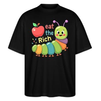 Eat The Rich Hungry Cute Caterpillar Worm - Stanley/Stella Oversized Unisex Bio T-Shirt Blaster 2.0 - Schwarz - Vorne - Alina (178cm) & Michal (187cm)