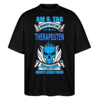 THERAPEUTEN - Stanley/Stella Oversized Unisex Bio T-Shirt Blaster 2.0 - Schwarz - Vorne - Alina (178cm) & Michal (187cm)
