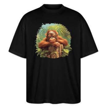 Orangutan Orang-Utans Orang-Utan - Stanley/Stella Oversized Unisex Bio T-Shirt Blaster 2.0 - Schwarz - Vorne - Alina (178cm) & Michal (187cm)