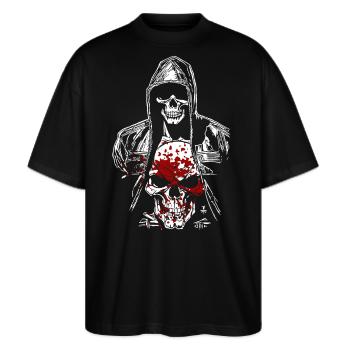 Blutiger Skelett Dämon - Stanley/Stella Oversized Unisex Bio T-Shirt Blaster 2.0 - Schwarz - Vorne - Alina (178cm) & Michal (187cm)