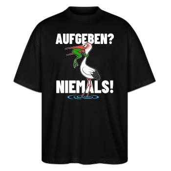 Frosch und Storch - Aufgeben? Niemals! - Stanley/Stella Oversized Unisex Bio T-Shirt Blaster 2.0 - Schwarz - Vorne - Alina (178cm) & Michal (187cm)
