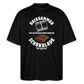 Backgammon löst meine Probleme - Schoko Spruch - Stanley/Stella Oversized Unisex Bio T-Shirt Blaster 2.0 - Schwarz - Vorne - Alina (178cm) & Michal (187cm)