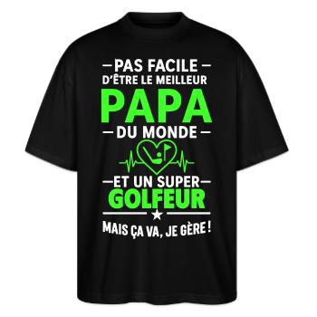 Herz + Golf – Super Papa Golfer - Stanley/Stella Oversized Unisex Bio T-Shirt Blaster 2.0 - Schwarz - Vorne - Alina (178cm) & Michal (187cm)