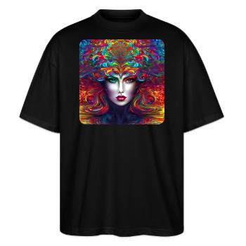 Cooles buntes Psychedelisches Motiv Frau - Stanley/Stella Oversized Unisex Bio T-Shirt Blaster 2.0 - Schwarz - Vorne - Alina (178cm) & Michal (187cm)