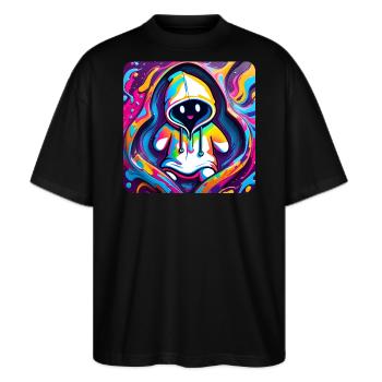 Cooles Graffiti Gespenst mit Hoodie - Stanley/Stella Oversized Unisex Bio T-Shirt Blaster 2.0 - Schwarz - Vorne - Alina (178cm) & Michal (187cm)