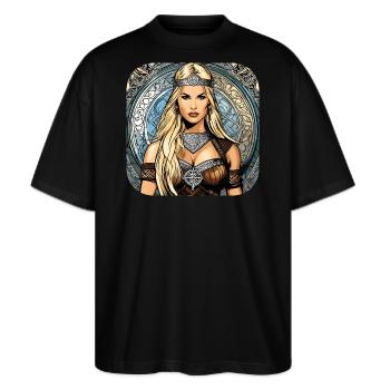 Stolze Wikingerin Germanin Schildmaid - Stanley/Stella Oversized Unisex Bio T-Shirt Blaster 2.0 - Schwarz - Vorne - Alina (178cm) & Michal (187cm)