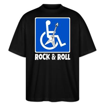 Rock & Roll - rock 'n' roll - Rollstuhl witzig - Stanley/Stella Oversized Unisex Bio T-Shirt Blaster 2.0 - Schwarz - Vorne - Alina (178cm) & Michal (187cm)