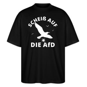 Scheiß Auf Die AfD Möwe Gegen Rechts Statement - Stanley/Stella Oversized Unisex Bio T-Shirt Blaster 2.0 - Schwarz - Vorne - Alina (178cm) & Michal (187cm)