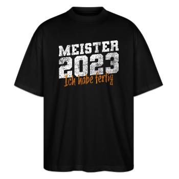 Meister 2023 Meisterprüfung Meisterbrief - Stanley/Stella Oversized Unisex Bio T-Shirt Blaster 2.0 - Schwarz - Vorne - Alina (178cm) & Michal (187cm)