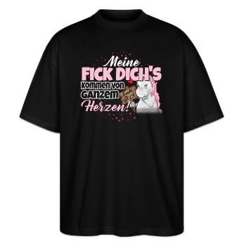 Einhorn - Fick Dich - Stanley/Stella Oversized Unisex Bio T-Shirt Blaster 2.0 - Schwarz - Vorne - Alina (178cm) & Michal (187cm)
