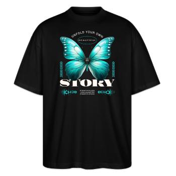 Unfold your own beautiful Story Butterfly - Stanley/Stella Oversized Unisex Bio T-Shirt Blaster 2.0 - Schwarz - Vorne - Alina (178cm) & Michal (187cm)
