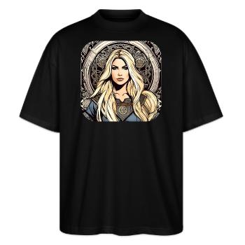 Stolze Wikingerin Germanin Schildmaid - Stanley/Stella Oversized Unisex Bio T-Shirt Blaster 2.0 - Schwarz - Vorne - Alina (178cm) & Michal (187cm)