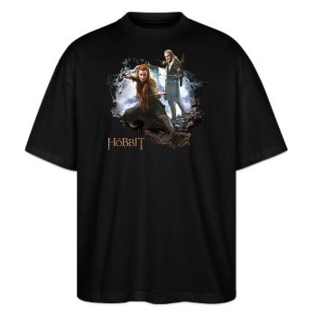 Der Hobbit Logo Mit Elben Tauriel Und Legolas - Stanley/Stella Oversized Unisex Bio T-Shirt Blaster 2.0 - Schwarz - Vorne - Alina (178cm) & Michal (187cm)