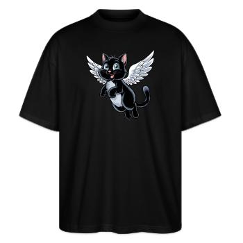 Schwarze Katze mit Engelsflügeln - Stanley/Stella Oversized Unisex Bio T-Shirt Blaster 2.0 - Schwarz - Vorne - Alina (178cm) & Michal (187cm)