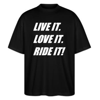 LIVE LOVE RIDE - Stanley/Stella Oversized Unisex Bio T-Shirt Blaster 2.0 - Schwarz - Vorne - Alina (178cm) & Michal (187cm)