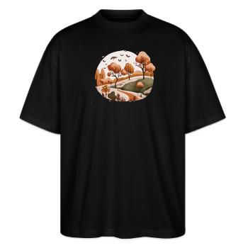 Gemütliche Landschaft (Herbstkollektion #4) - Stanley/Stella Oversized Unisex Bio T-Shirt Blaster 2.0 - Schwarz - Vorne - Alina (178cm) & Michal (187cm)