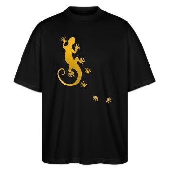 running gecko gold - Stanley/Stella Oversized Unisex Bio T-Shirt Blaster 2.0 - Schwarz - Vorne - Alina (178cm) & Michal (187cm)