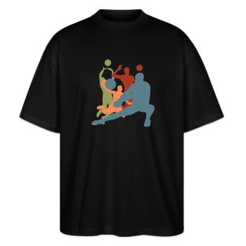 Vintage-Retro-Volleyballspieler - Stanley/Stella Oversized Unisex Bio T-Shirt Blaster 2.0 - Schwarz - Vorne - Alina (178cm) & Michal (187cm)