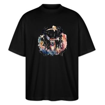 Hirsch Krafttier Selbstachtung Unanbhängigkeit - Stanley/Stella Oversized Unisex Bio T-Shirt Blaster 2.0 - Schwarz - Vorne - Alina (178cm) & Michal (187cm)