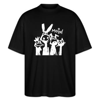 Stadtmusikanten "Moin" - Stanley/Stella Oversized Unisex Bio T-Shirt Blaster 2.0 - Schwarz - Vorne - Alina (178cm) & Michal (187cm)