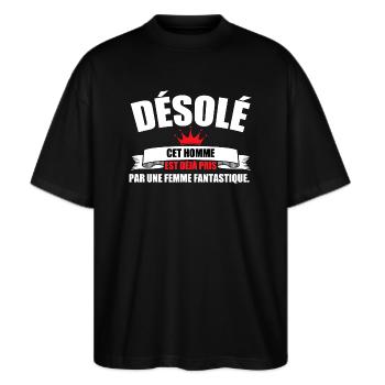Sorry, dieser Mann ist schon vergeben - Stanley/Stella Oversized Unisex Bio T-Shirt Blaster 2.0 - Schwarz - Vorne - Alina (178cm) & Michal (187cm)