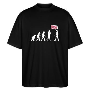 Go back we screwed up - Evolution Lustig Humor - Stanley/Stella Oversized Unisex Bio T-Shirt Blaster 2.0 - Schwarz - Vorne - Alina (178cm) & Michal (187cm)
