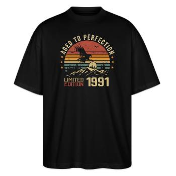 Jahrgang 1991 Limitierte Auflage 1991 Retro 1991 - Stanley/Stella Oversized Unisex Bio T-Shirt Blaster 2.0 - Schwarz - Vorne - Alina (178cm) & Michal (187cm)