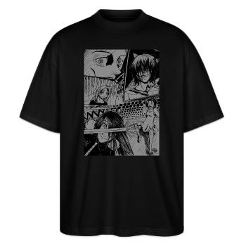 Manga - Stanley/Stella Oversized Unisex Bio T-Shirt Blaster 2.0 - Schwarz - Vorne - Alina (178cm) & Michal (187cm)