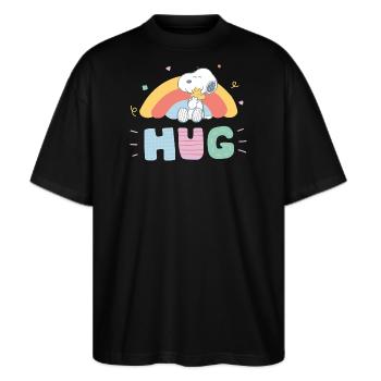 Peanuts Snoopy & Woodstock Hug - Stanley/Stella Oversized Unisex Bio T-Shirt Blaster 2.0 - Schwarz - Vorne - Alina (178cm) & Michal (187cm)
