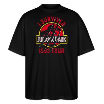 Jurassic Park Zerkraztes Logo I Survived 1993 Tour - Stanley/Stella Oversized Unisex Bio T-Shirt Blaster 2.0 - Schwarz - Vorne - Alina (178cm) & Michal (187cm)