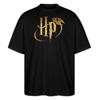 Harry Potter Logo Gold - Stanley/Stella Oversized Unisex Bio T-Shirt Blaster 2.0 - Schwarz - Vorne - Alina (178cm) & Michal (187cm)