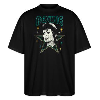David Bowie Schriftzug Mit Portrait Und Stern - Stanley/Stella Oversized Unisex Bio T-Shirt Blaster 2.0 - Schwarz - Vorne - Alina (178cm) & Michal (187cm)
