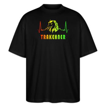 Trakehner Pferde Herzfrequenz Design - Stanley/Stella Oversized Unisex Bio T-Shirt Blaster 2.0 - Schwarz - Vorne - Alina (178cm) & Michal (187cm)