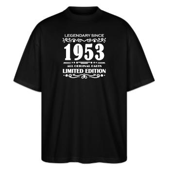 1953 - Jahrgang 1953 - Baujahr 1953 - Stanley/Stella Oversized Unisex Bio T-Shirt Blaster 2.0 - Schwarz - Vorne - Alina (178cm) & Michal (187cm)