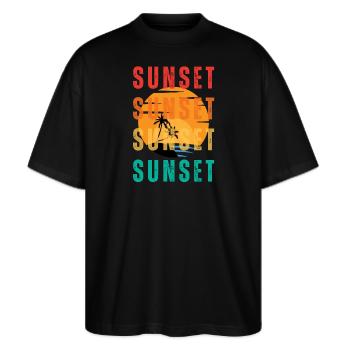 Sunset Palm Gradient - Stanley/Stella Oversized Unisex Bio T-Shirt Blaster 2.0 - Schwarz - Vorne - Alina (178cm) & Michal (187cm)