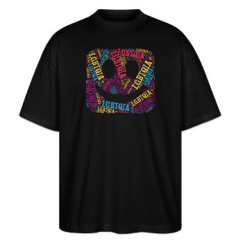LGBTQIA+ Lächelndes T-Shirt Gesicht Wortwolke Gay Pride - Stanley/Stella Oversized Unisex Bio T-Shirt Blaster 2.0 - Schwarz - Vorne - Alina (178cm) & Michal (187cm)