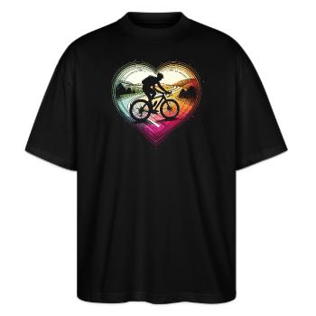 Lebendiges Fahrradherz-Design - Stanley/Stella Oversized Unisex Bio T-Shirt Blaster 2.0 - Schwarz - Vorne - Alina (178cm) & Michal (187cm)